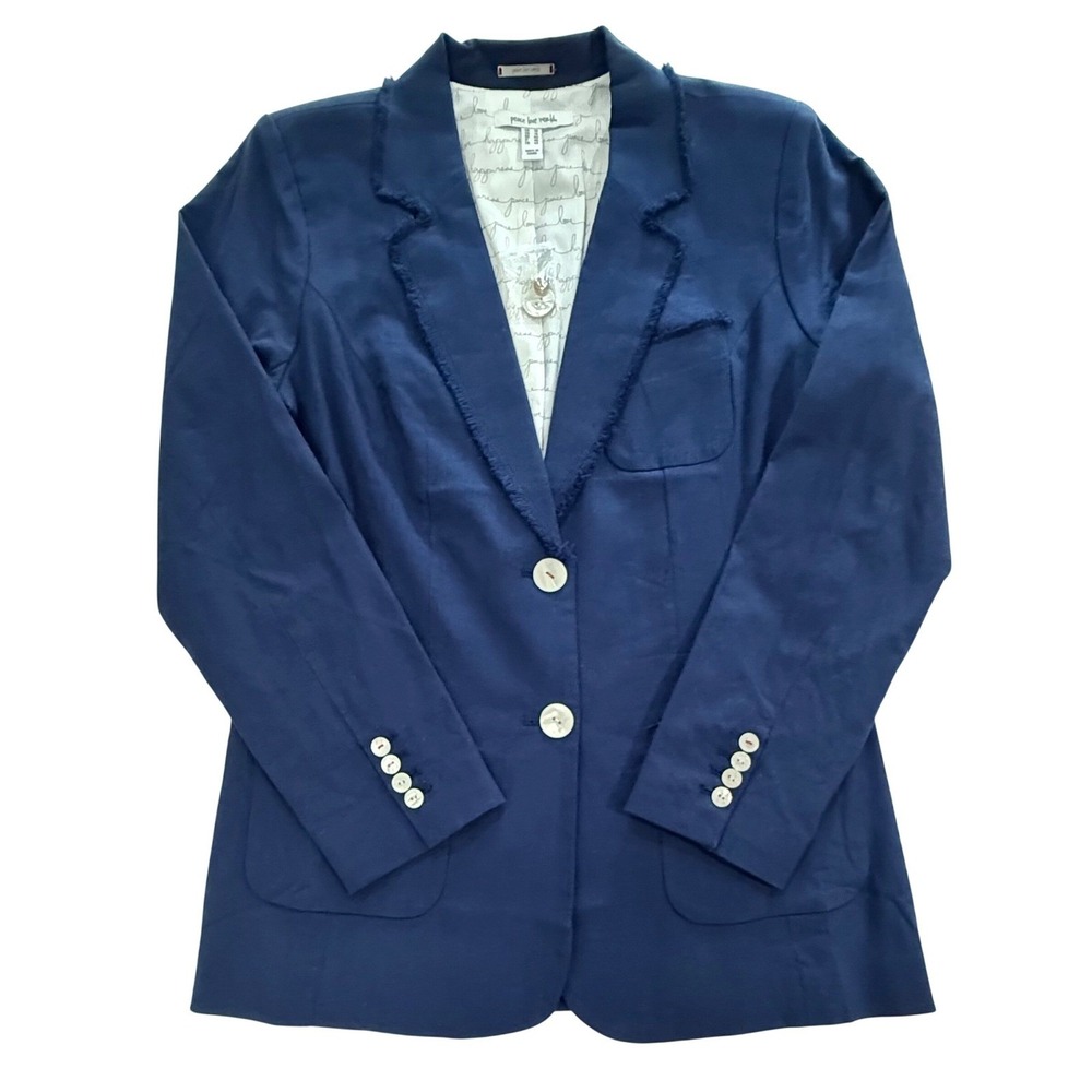 Peace Love World Navy Blue Linen Blend Frayed Edge Blazer QVC A288636 Sz 10 W450